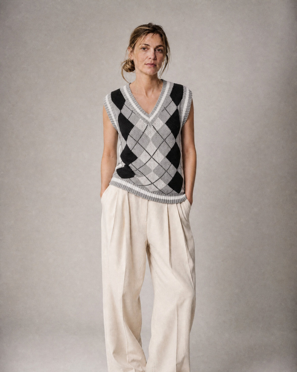 Women's Argyle Knit Sweater Vest worn, front | Belmorne