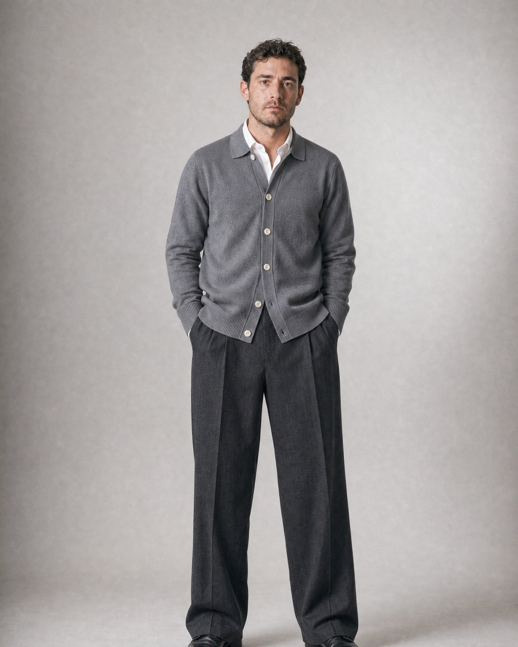 Men's Collared Knit Cardigan worn, front | Belmorne