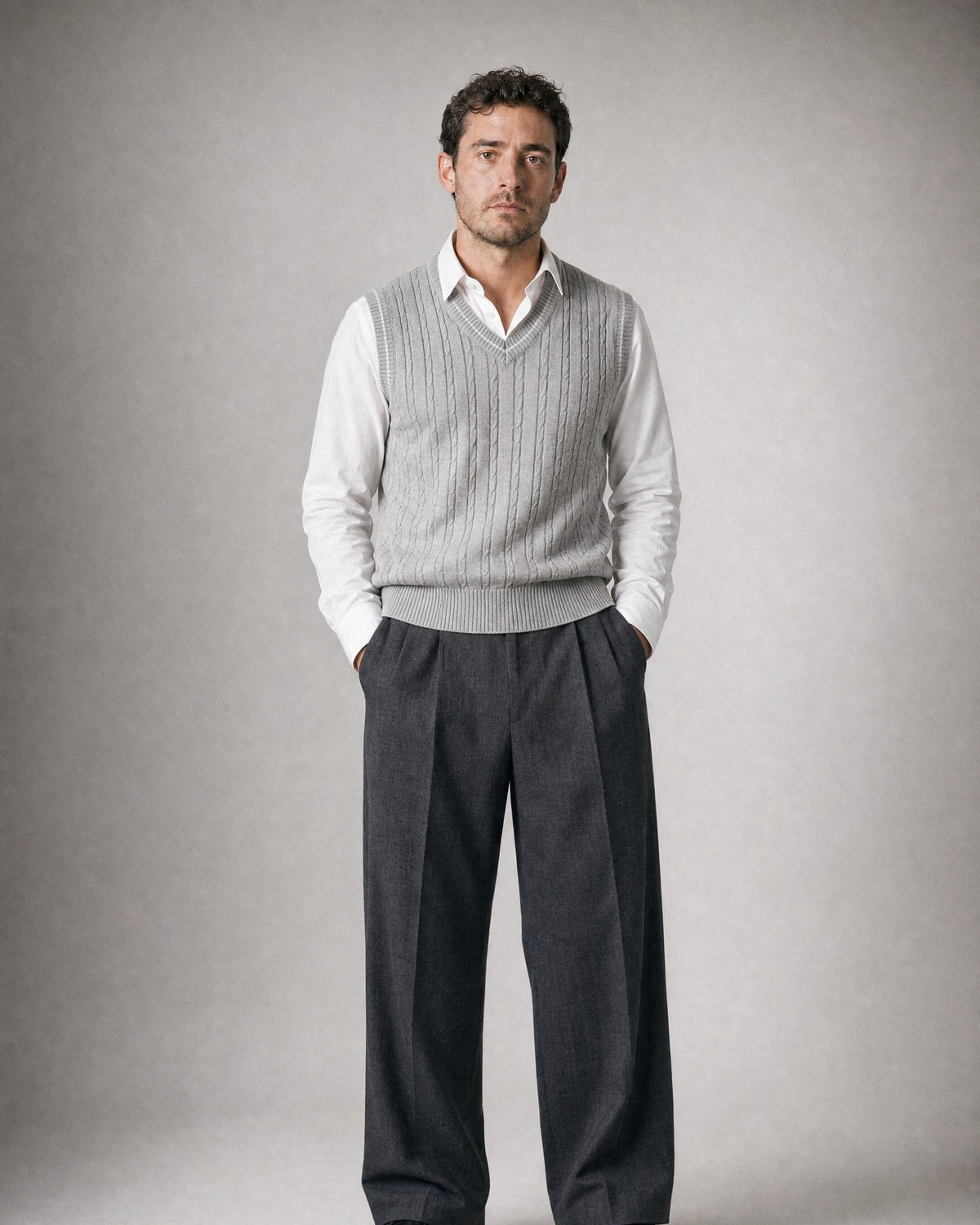 Men's Knitted Sweater Vest worn, front | Belmorne