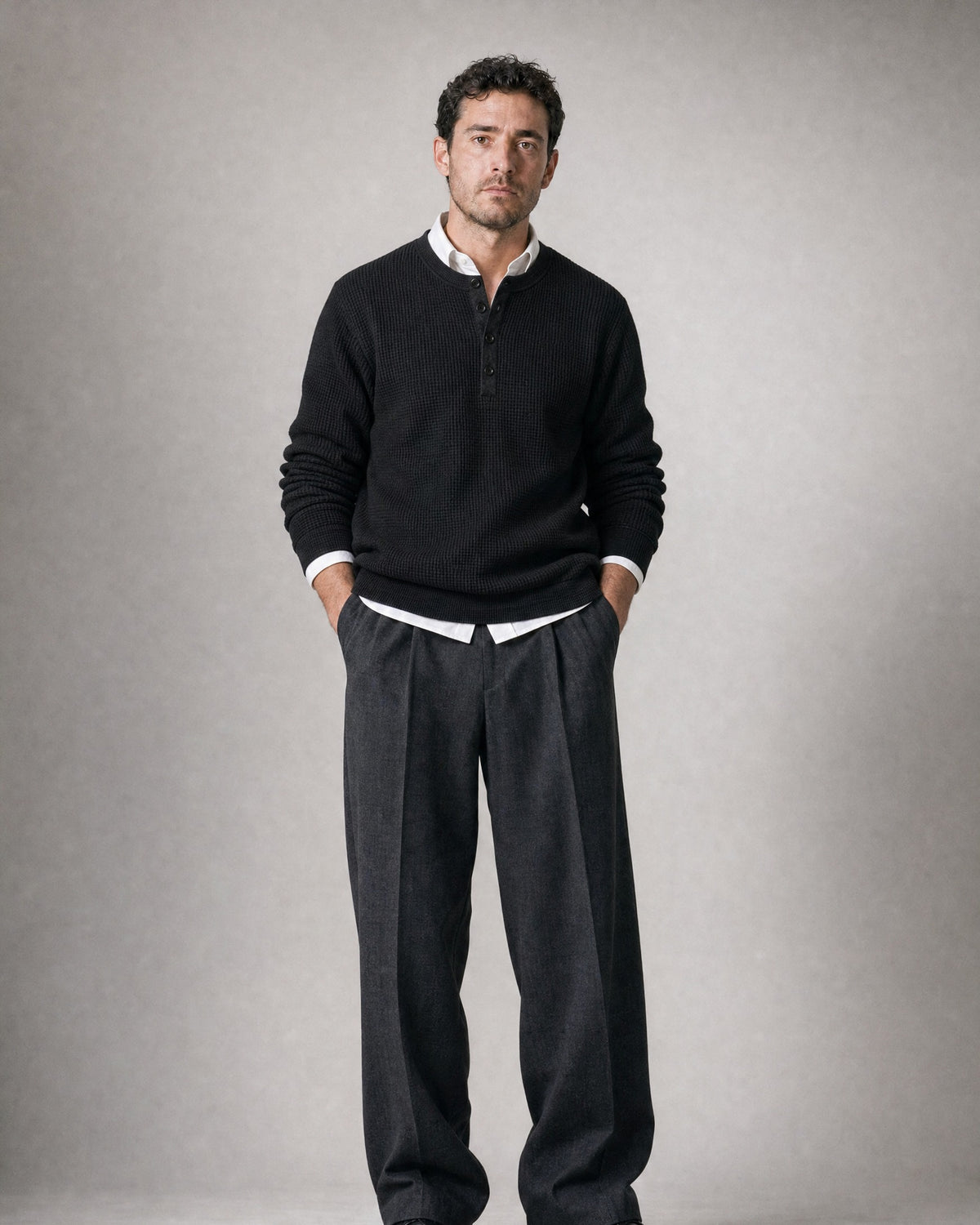 Men's Waffle-Knit Henley worn, front | Belmorne