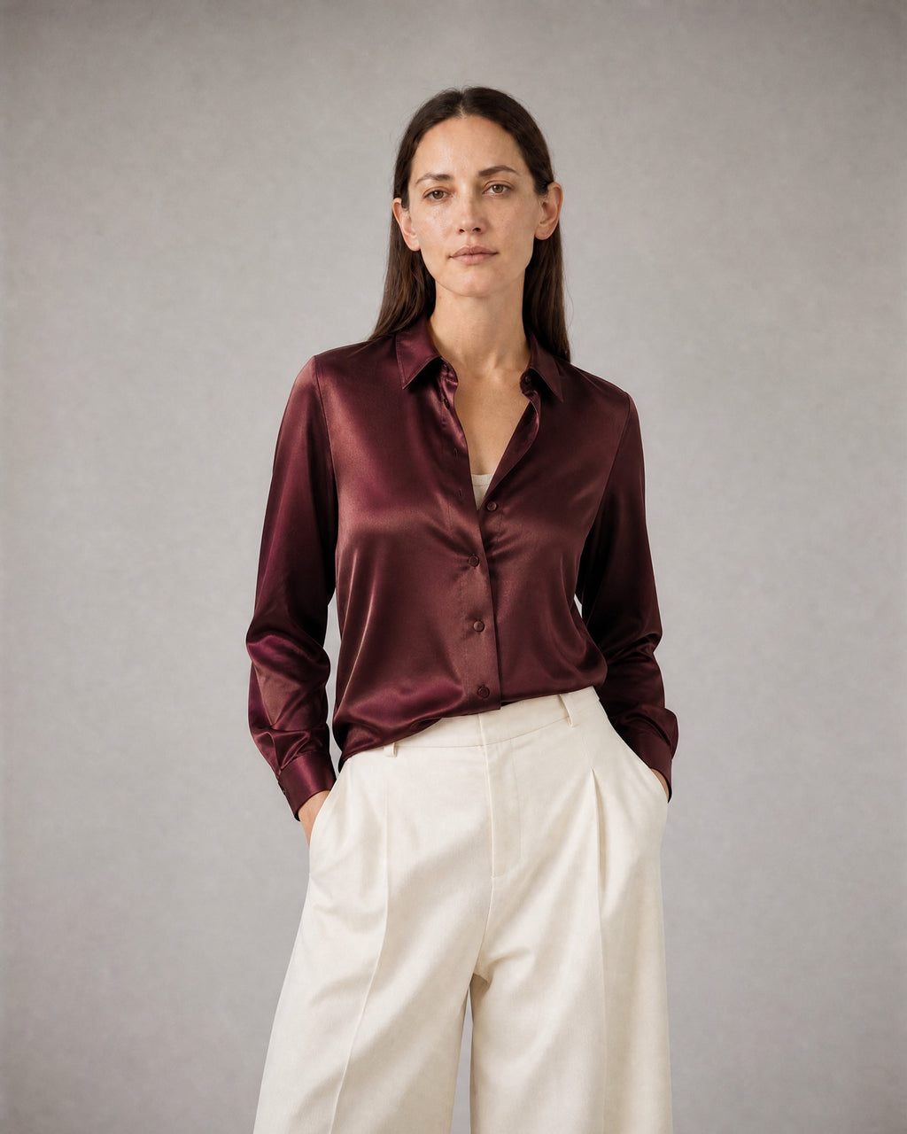 Women's Satin Button-Up Blouse worn, front | Belmorne