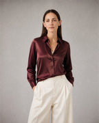 Women's Satin Button-Up Blouse worn, front | Belmorne