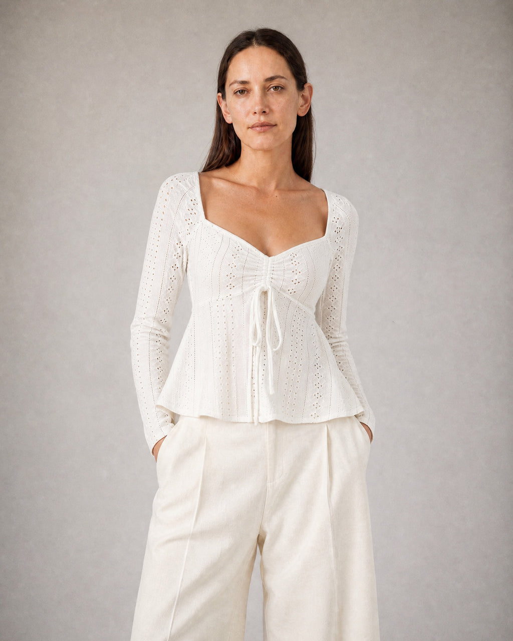 Women's Eyelet-Knit Sweetheart Top worn, front | Belmorne