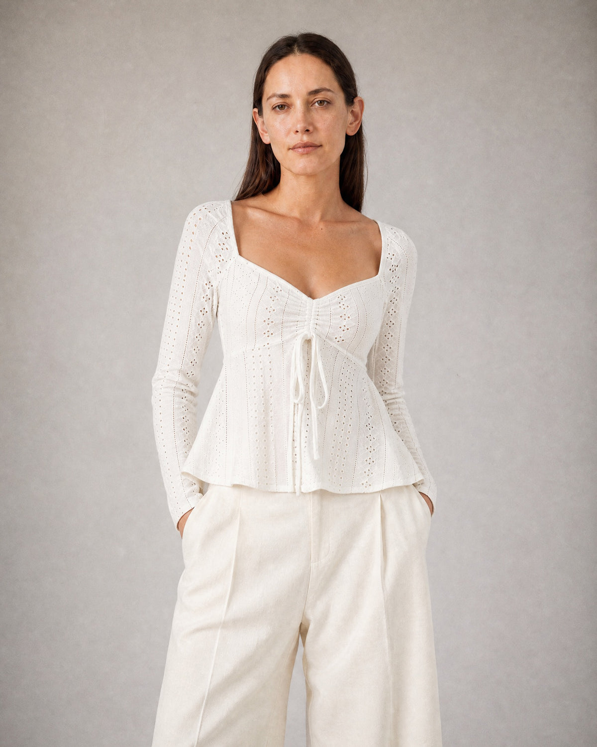 Women's Eyelet-Knit Sweetheart Top worn, front | Belmorne