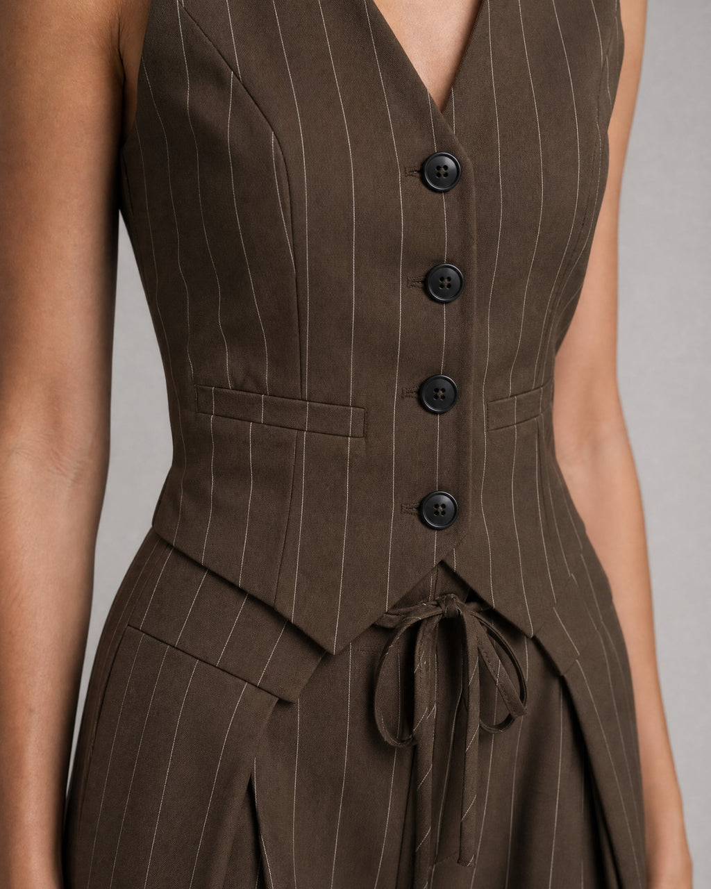 Women's Pinstripe Waistcoat and Wide-Leg Trouser Set detail | Belmorne