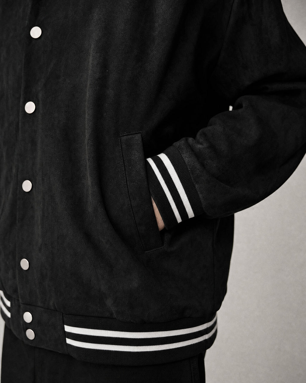 Men's Suede-Look Varsity Jacket detail | Belmorne