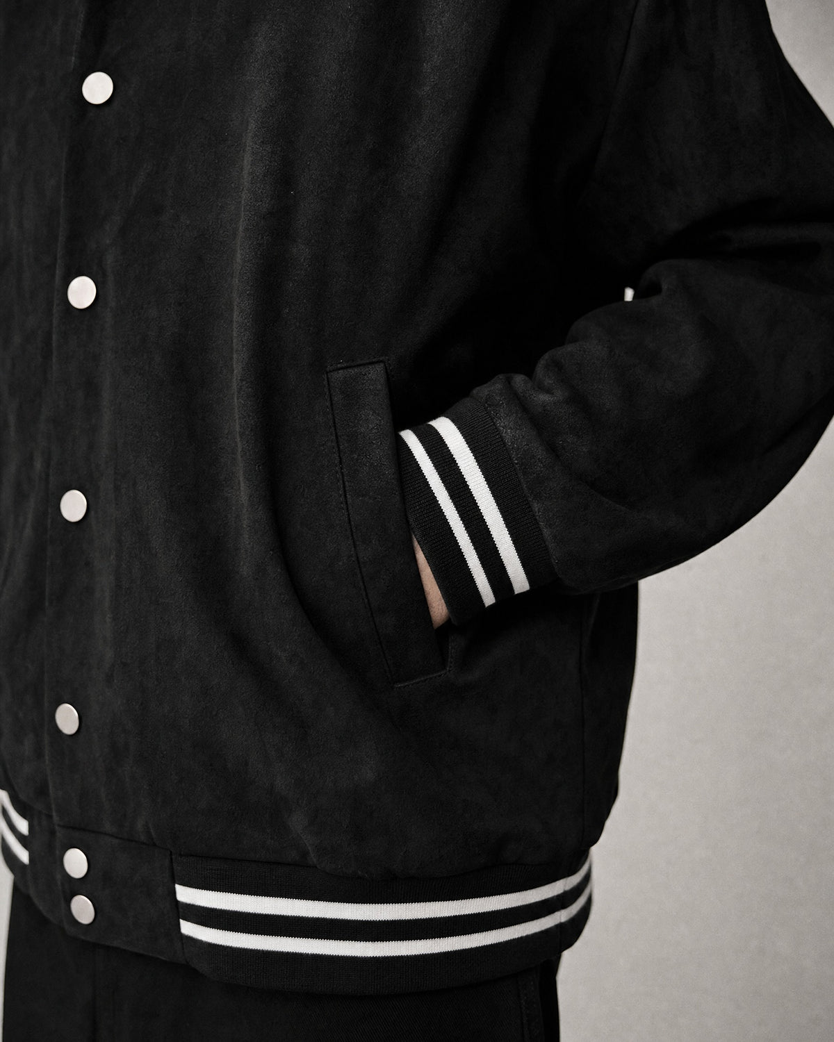 Men's Suede-Look Varsity Jacket detail | Belmorne