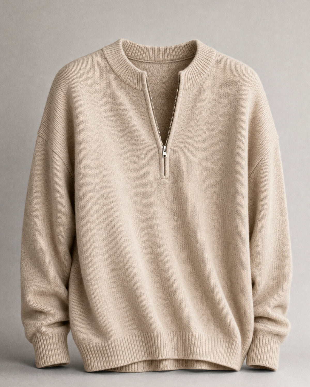 Women's Crew-Neck Half-Zip Sweater in Beige | Belmorne