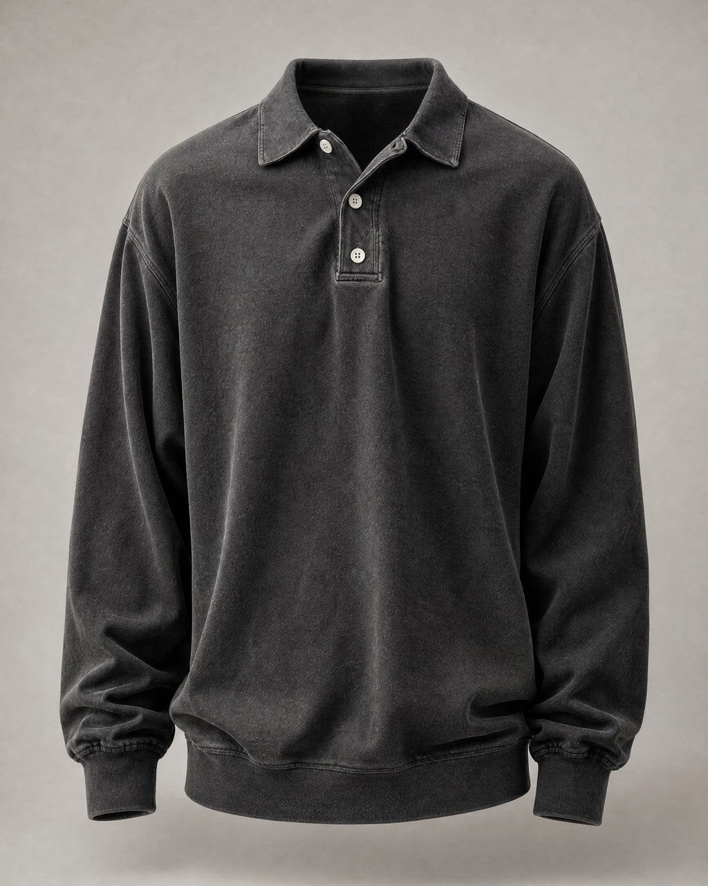 Men's Washed Long Sleeve Polo Shirt in Black | Belmorne