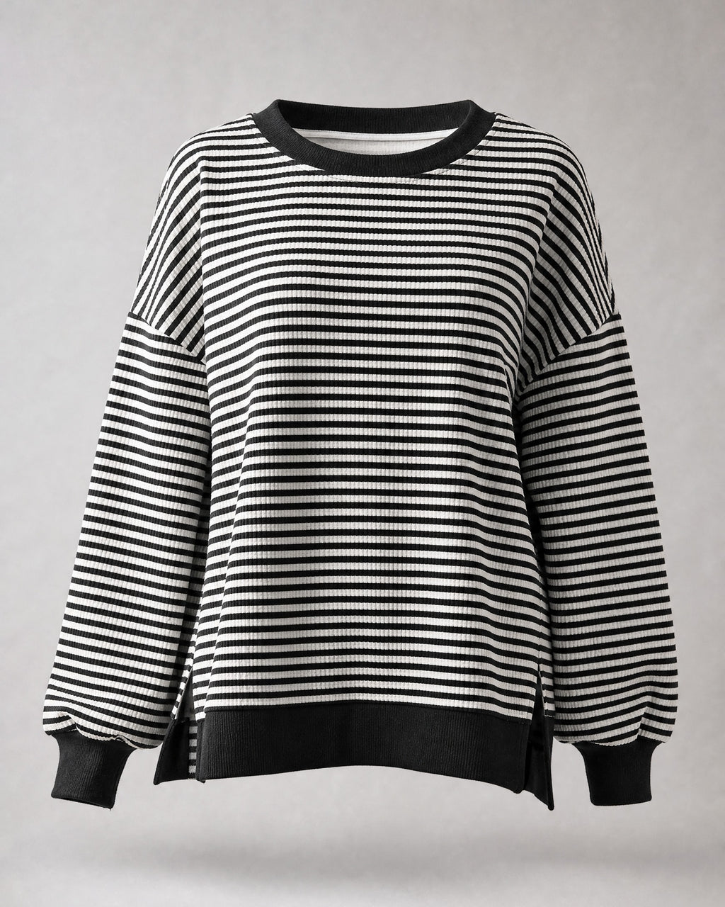 Women's Striped Waffle-Knit Pullover in Black | Belmorne