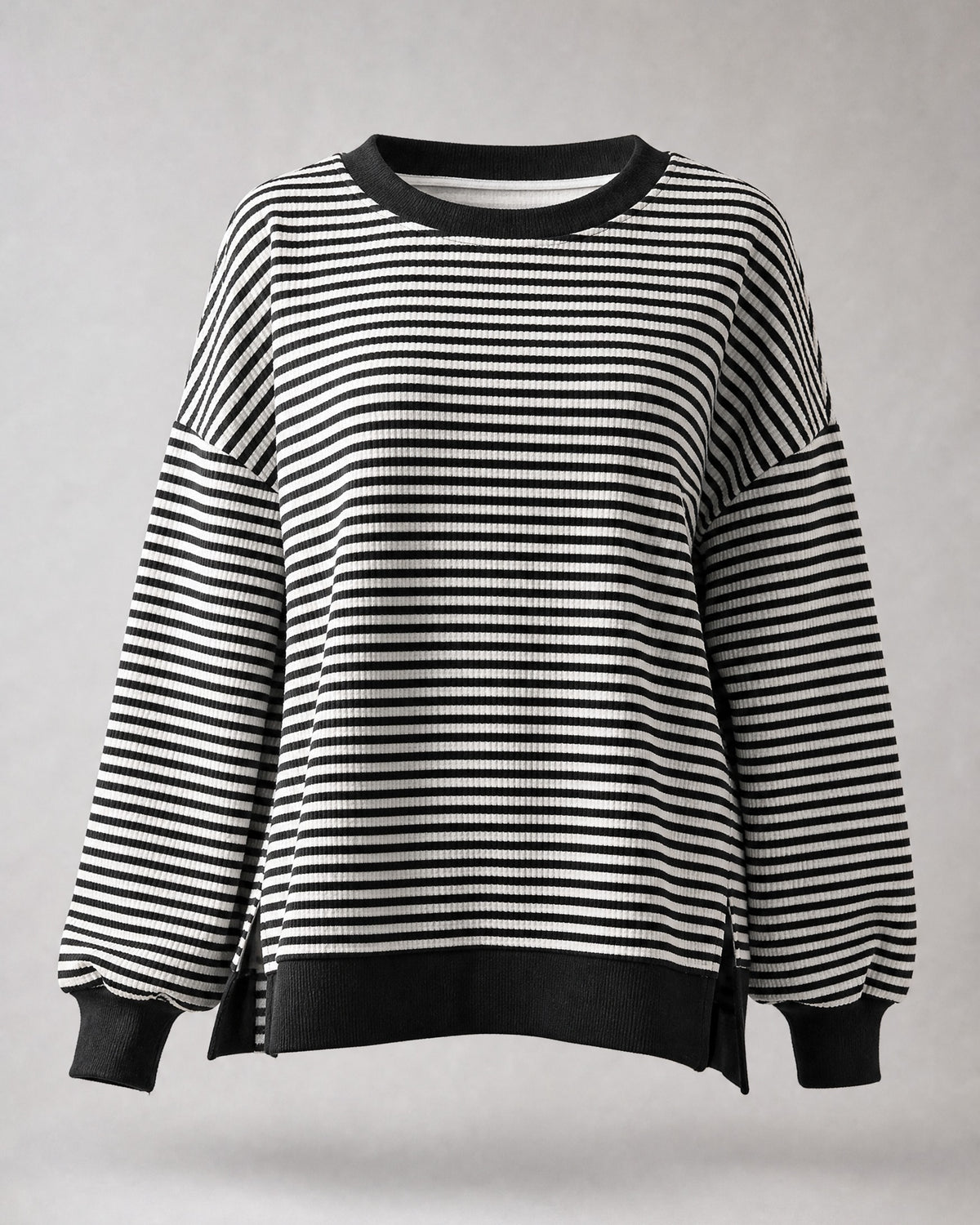 Women's Striped Waffle-Knit Pullover in Black | Belmorne