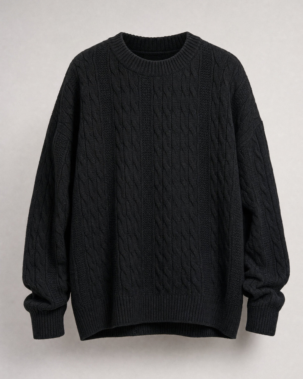 Men's Cable-Knit Crew-Neck Sweater in Black | Belmorne