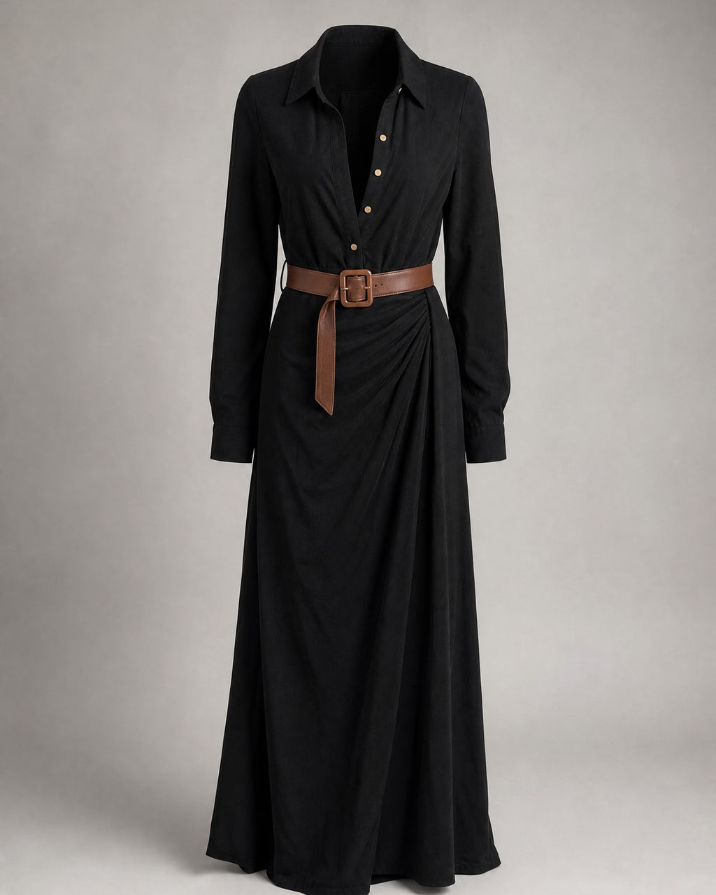 Women's Belted Shirt Dress in Black | Belmorne