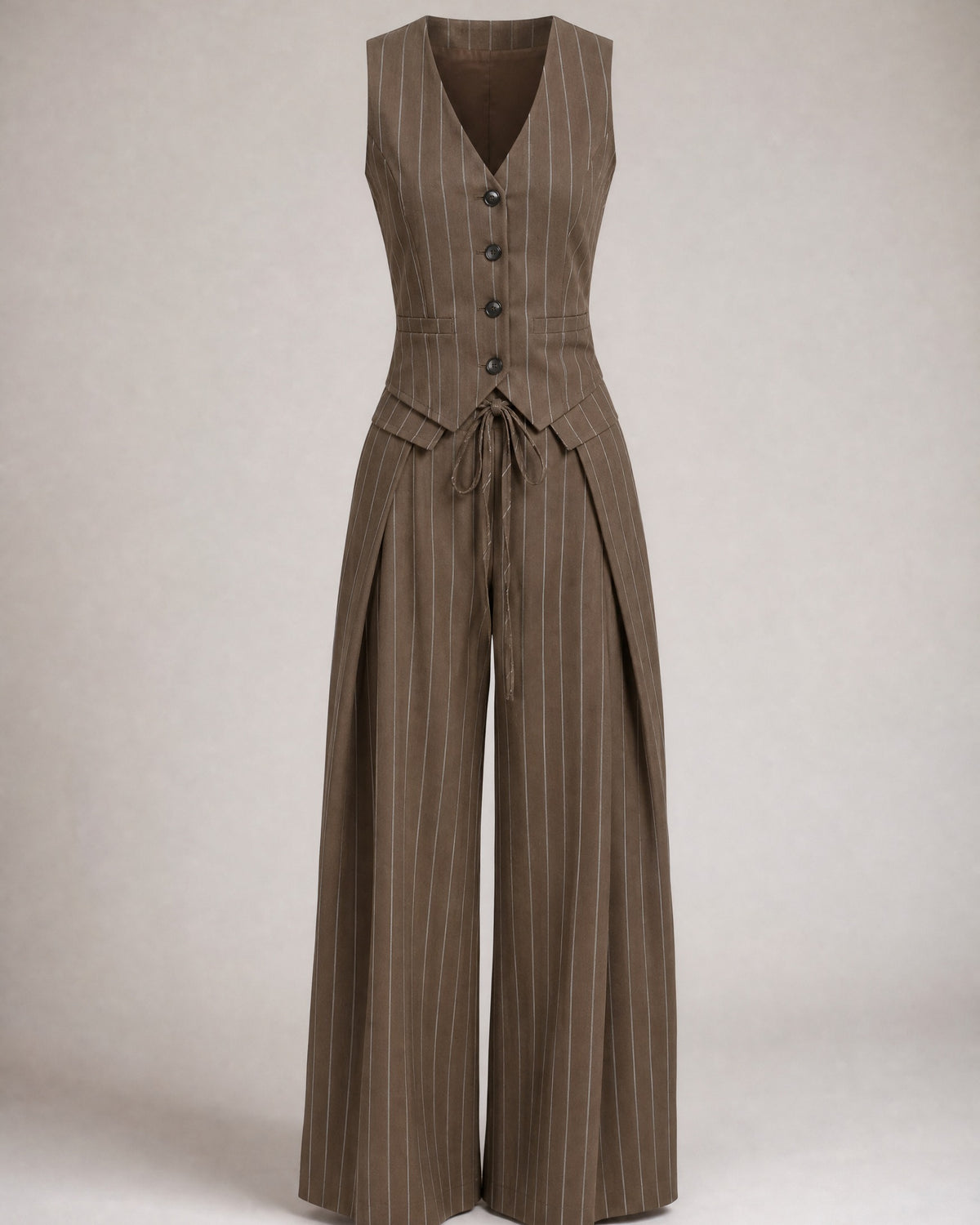 Women's Pinstripe Waistcoat and Wide-Leg Trouser Set in Brown Pinstripe | Belmorne