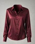 Women's Satin Button-Up Blouse in Burgundy | Belmorne