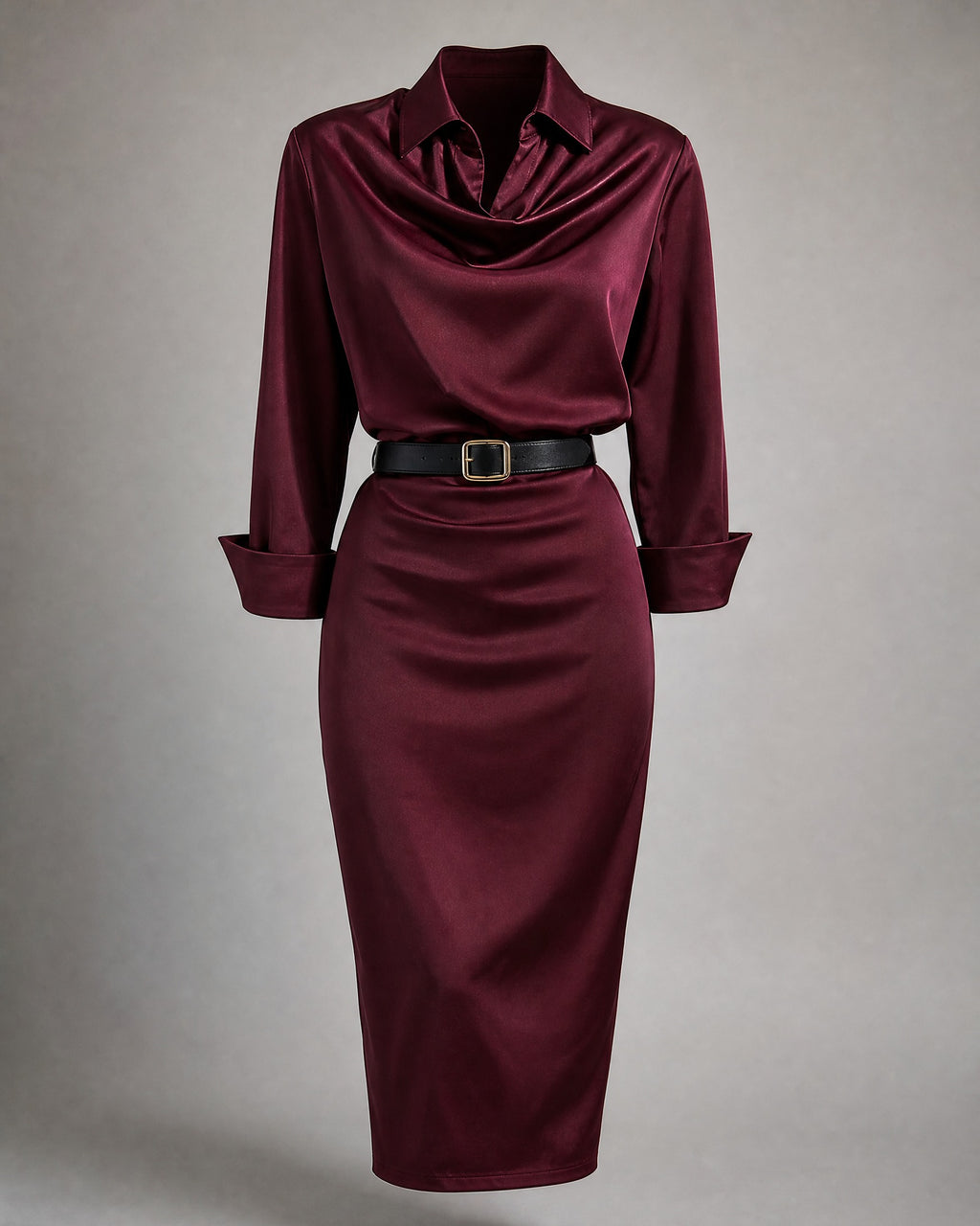 Women's Satin Long-Sleeve Dress in Burgundy | Belmorne