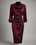 Women's Satin Long-Sleeve Dress in Burgundy | Belmorne