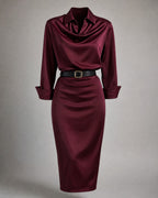 Women's Satin Long-Sleeve Dress in Burgundy | Belmorne