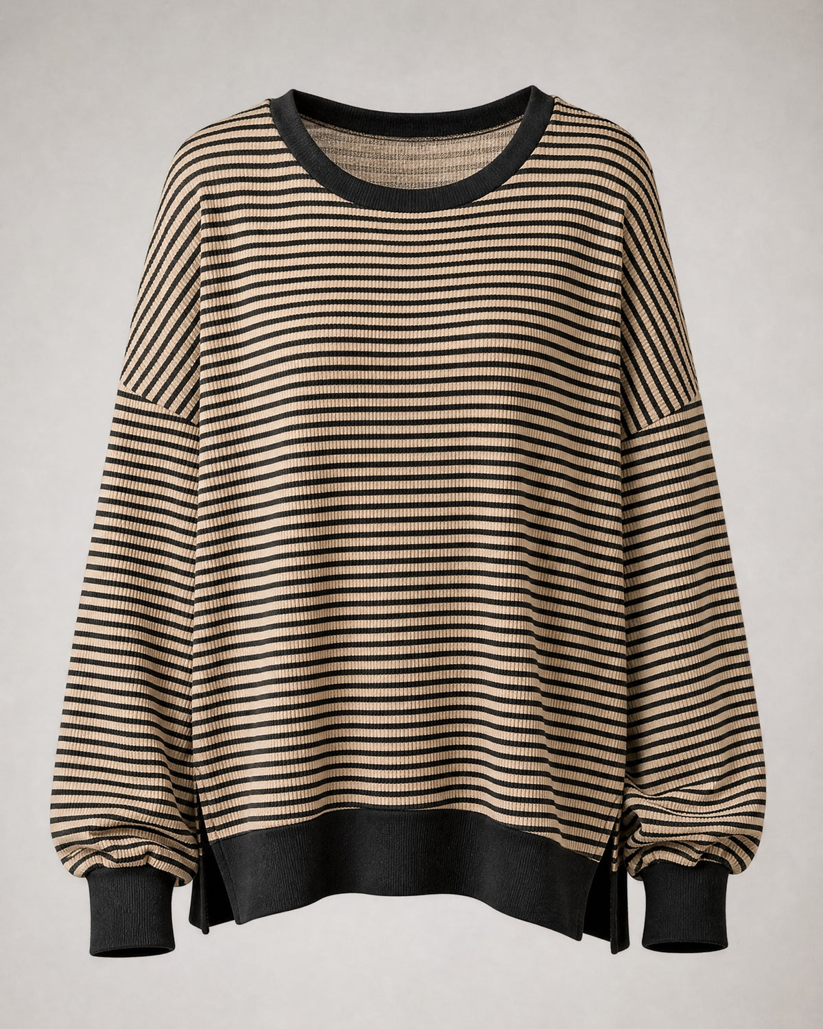 Women's Striped Waffle-Knit Pullover in Camel | Belmorne