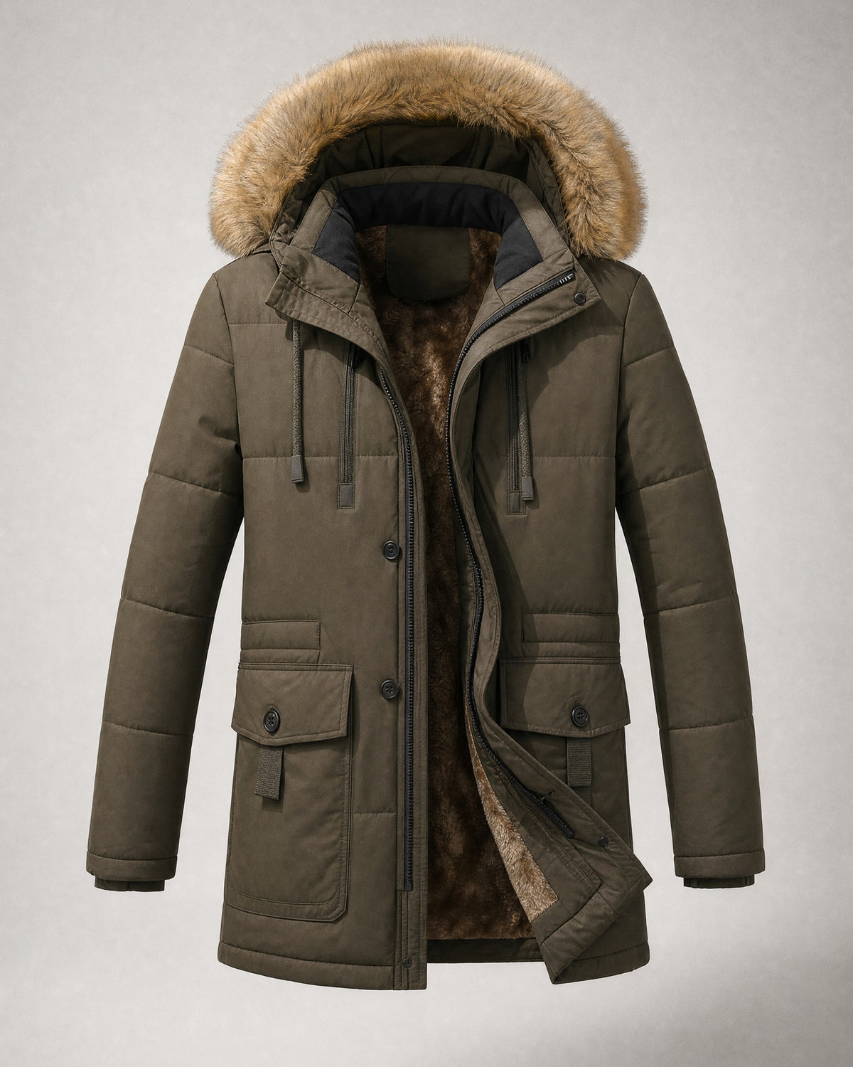 Men's Hooded Padded Parka in Dark Khaki | Belmorne