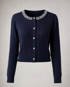 Women's Cropped Cable-Knit Cardigan in Navy | Belmorne